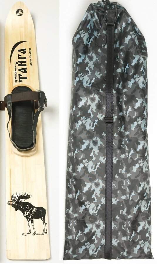 Комплект охотничьих лыж Маяк Тайга с креплением кожа с пяткой и чехлом 90х15 см, дерево