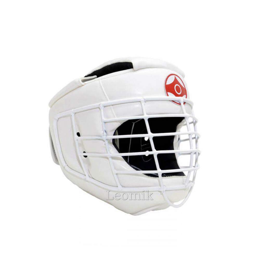 Шлем для каратэ со стальной маской Leosport детский S экокожа, белый