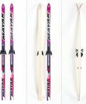 Беговые подростковые деревянные лыжи Маяк 150 см с креплением NN75, фиолетовые